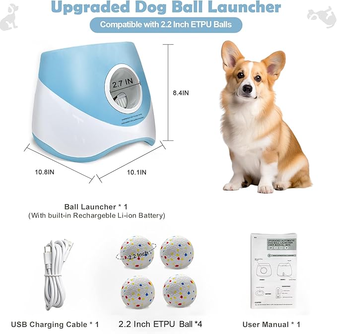 MEKAPLE Automatic Dog Ball Launcher for Samll to Medium Dogs, Upgraded Interactive Toy Balls Thrower, Distance Adjustable Mental Stimulating Dog Toys with 4 Etpu Balls 2.2 Inch (Blue)