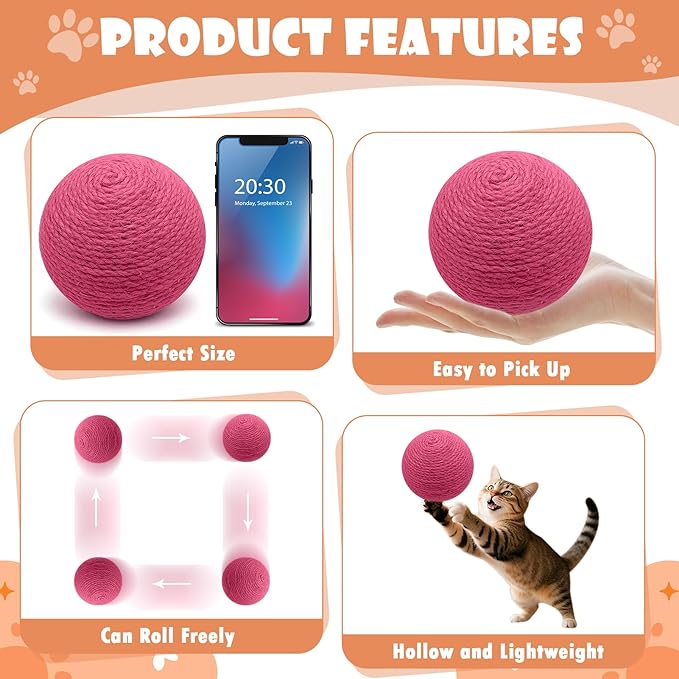 3.94 inch Sisal Cat Ball Toy, Interactive Natural Cat Scratching Ball, Perfect Scratcher for Cats' Exercise and Fun (Rose Red)