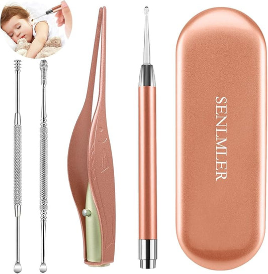 4 Pack Ear Pick with Light, Ear Cleaner Ear Wax Removal Tool Kit for Kids and Adults, Ear Picks Digger & Tweezers & Spiral Spring Ear Spoon Set with Storage Box (Rose Gold)
