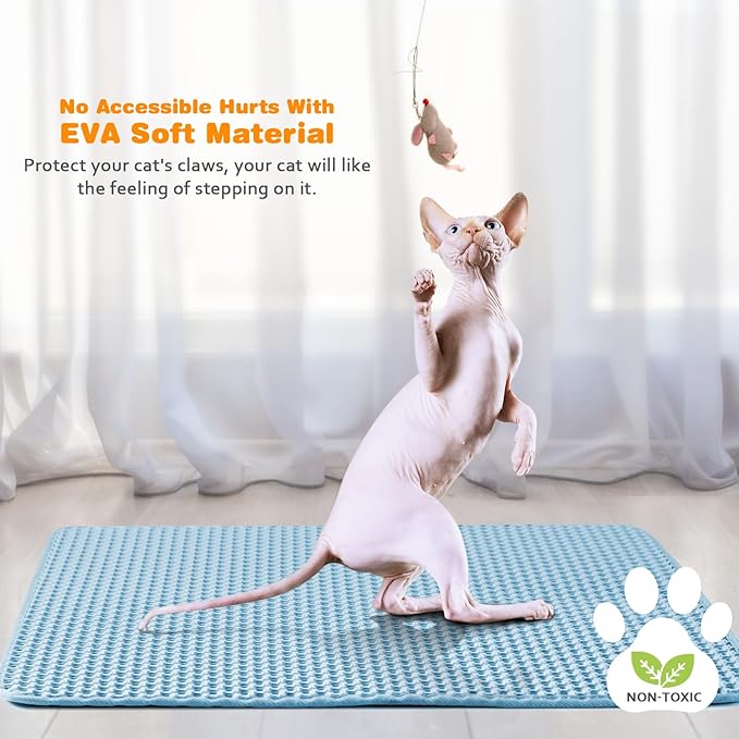 Waterproof Cat Litter Mat, Double Layer EVA, Odor-Free Large Grid, Urine Proof, Easy Cleanup (Blue, 12 x 18)