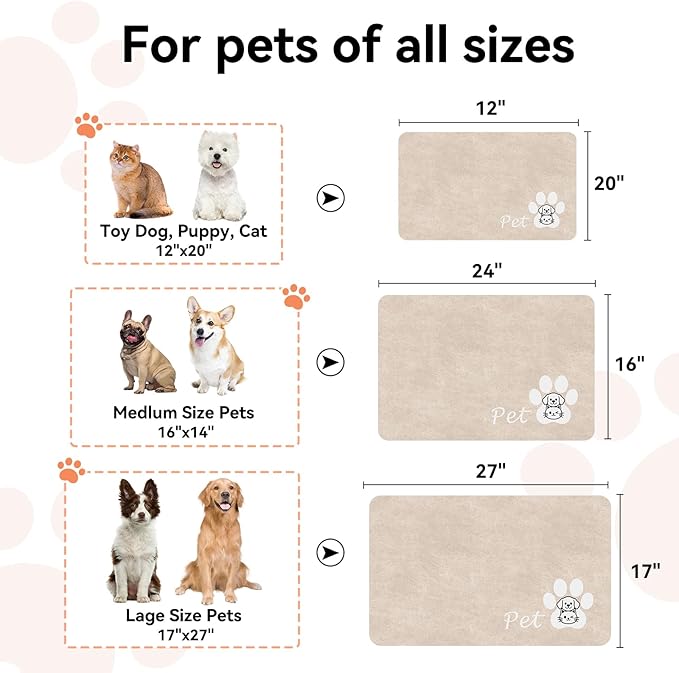 Dog Cat Feeding Mat-Absorbent Pet Bowl Mat for Food and Water, Quick Dry Water Dispenser Mat for Floors with Waterproof Rubber Backing, Puppy Cat Placemat Mats for Messy Drinkers,12"x20",Taupe