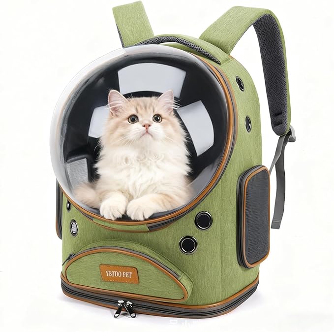 Cat Backpack Carrier, Breathable Cat Carrier Large Space Bubble Pet Backpack for Small Dog and Large cat up to 18lbs, Transparent & Foldable Pet Carrier for Travel Hiking (Green)