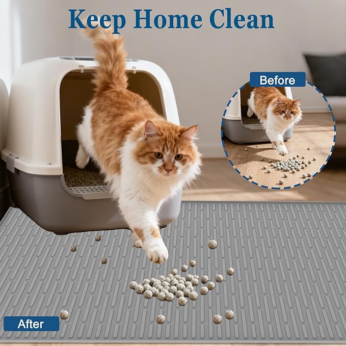 XXL Extra Large Silicone Cat Litter Trapping Mat for Scatter Control, 40"x30"(100cmx75cm) Waterproof Kitty Litter Box mat for Floor, Soft on Kitty Paws, Easy to Clean, Dark Gray