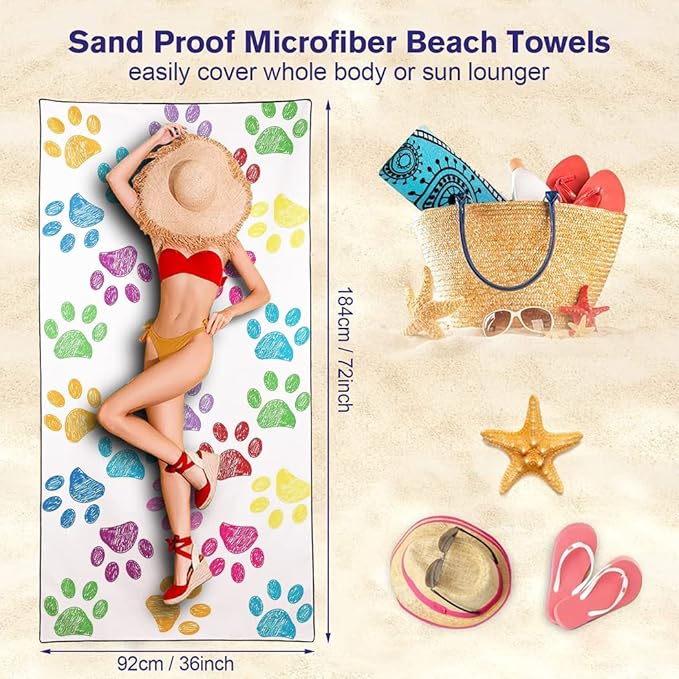 HommomH Cute Dog Paw Beach Towel Oversized 36”x 72”, Lightweight Microfiber Bath Towels Quick Dry Sand Free Big Absorbent Camping Travel Gifts for Swimming, Beach, Gym, Pool