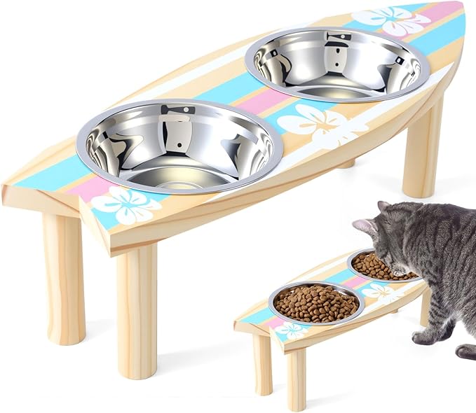 Elevated Puppy Bowls Raised Cat Bowl Holder, 17" x 4.3" Stand Sturdy Surfboard Pet Feeder with Two Detachable Stainless Steel Bowls Suitable for Cats Kittens Puppies