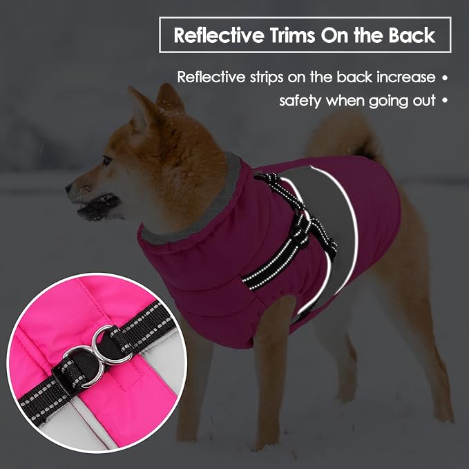 Dog Coat for Large Dogs, Warm Pet Jacket Winter with Harness Built in, Waterproof Pet Snow Jacket with Furry Collar, Reflective Fleece Snowsuit for Extra Large Dogs, Hot Pink XL
