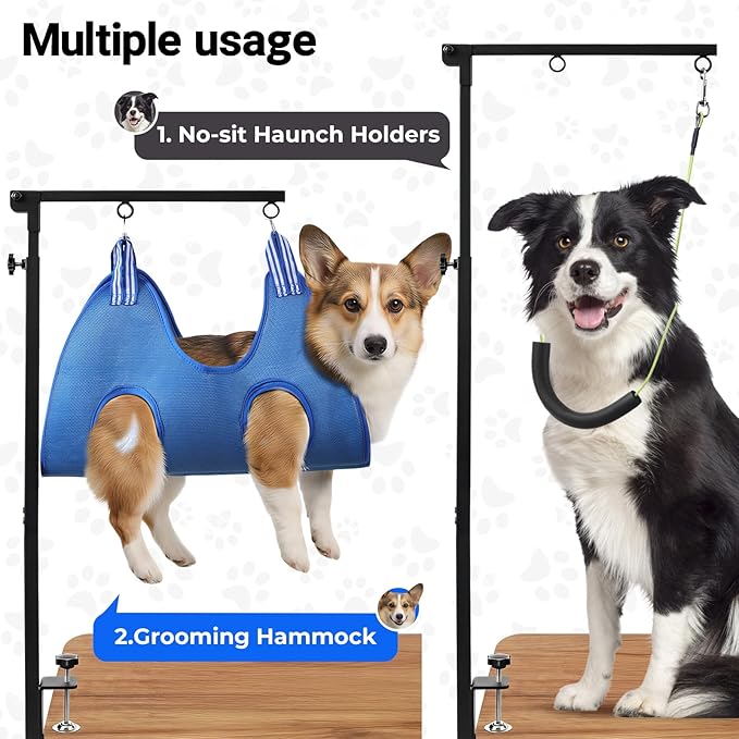 Adjustable Dog Grooming Arms, Foldable Dog Grooming Arm with Clamp Adjustable Height 29"-40" with Hammock Scissors File & No-Sit Haunch Holders for Small Medium Pets at Home or Salon