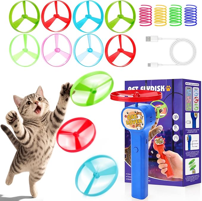 BABORUI Cat Toy Disc Launcher, Rechargeable Interactive Cat Fetch Toy Launcher with 8 Flying Discs, Flying Enrichment Toys for Indoor Bored Kittens & Adult Cats (Blue-1)