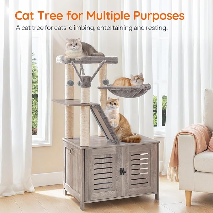 HOOBRO Cat Tree with Litter Box Enclosure, 44" Tall Wooden Cat Tower with Scratching Posts, Cat Hammock, Hidden Litter Box Furniture, All-in-One Indoor Cat Condo, Greige BG48MZ03