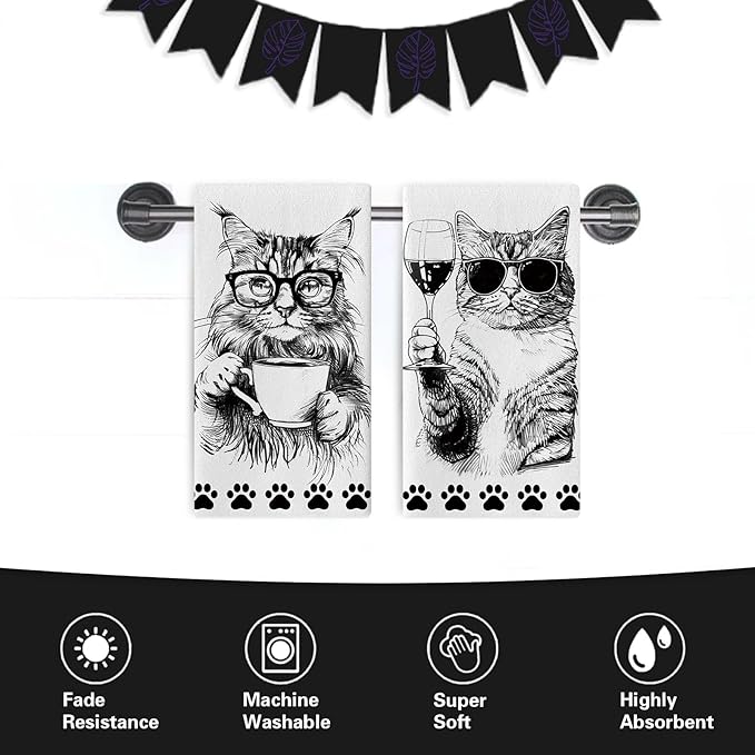 Funny Cat Kitchen Dish Towels Set of 2, Black White Coffee Wine Drying Hand Towel Baking Cooking Cloth, Paw Print Bar Pub Cafe Home Decoration Gifts for Pet Cat Owner Lovers 18'' x 26''