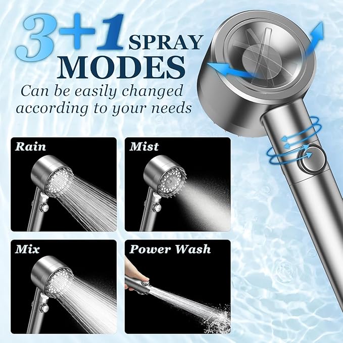 PWERAN Filtered Shower Head with Handheld,4 Spray High Pressure Showerhead with Filters for Hard Water -Remove Chlorine ON/OFF Switch for Pet Bath (Gray)