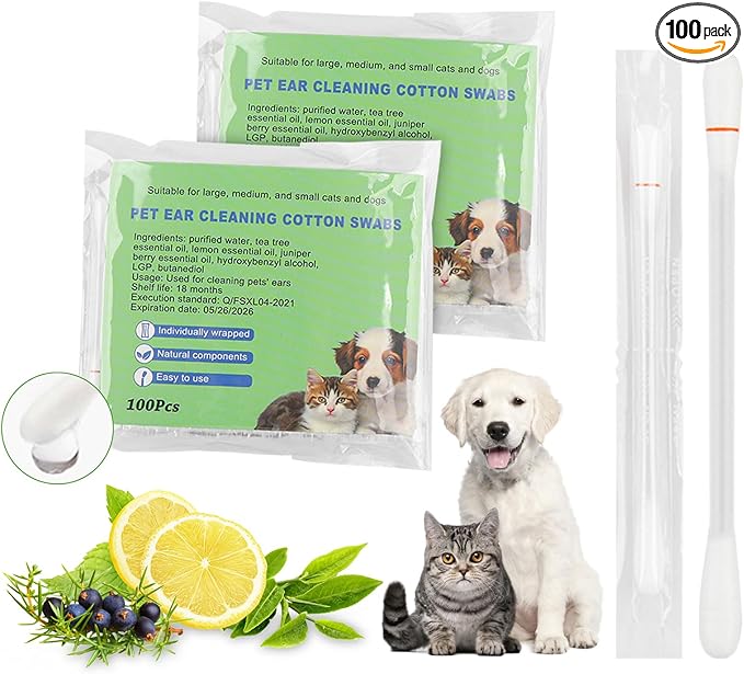 twoworld Pet Ear Swabs,2-in-1 Pet Ear Cleaning Liquid Swabs,Cat & Small Dog Ear Cleaner Swabs,Ear Cleaner Solution for Dogs and Cat for Daily Ear Cleaning Removes Wax, Dirt, & Odor (100)