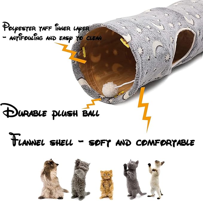 Cat Tunnel Tube with Plush Ball Toys Collapsible Self-Luminous Photoluminescence, for Small Pets Bunny Rabbits, Kittens, Ferrets,Puppy and Dogs Grey Moon Star (S-Shape)