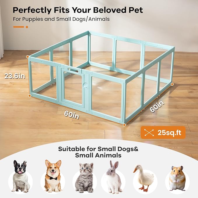 Clear Acrylic Dog Playpen Indoor, Puppy Cat Small Pet Play Pen, Pet Cat Playpen for Rabbits, Dog Fence Crate Kennel Whelping Cage (Green, 12 Panel)