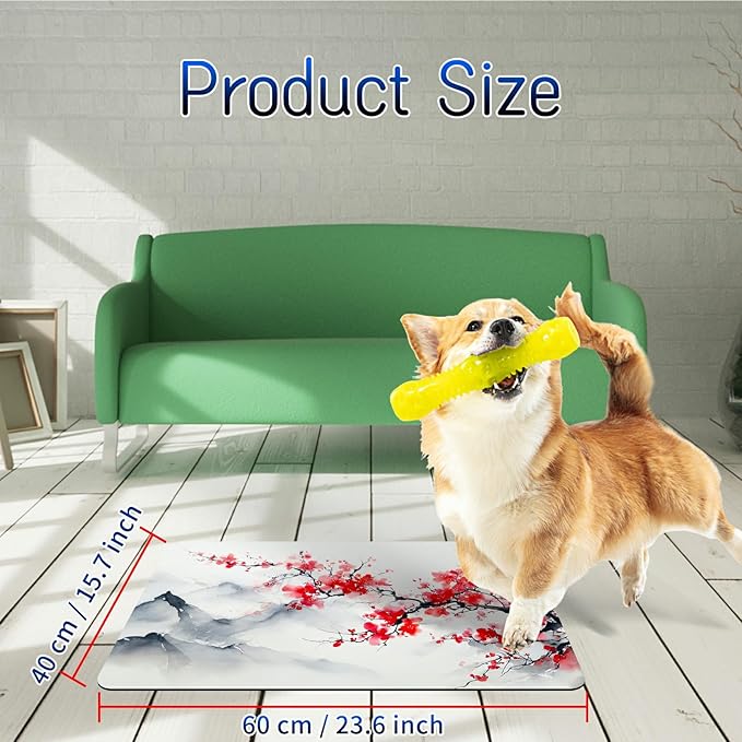 Dog Food Mat, 15.7" x 23.6" Absorbent Pet Feeding Mat for Food and Water, Waterproof Diatom Mud Pet Placemat with Non-Slip Rubber Backing, Cat Bowl Mat for Floors - Pink Flower Mountain Range
