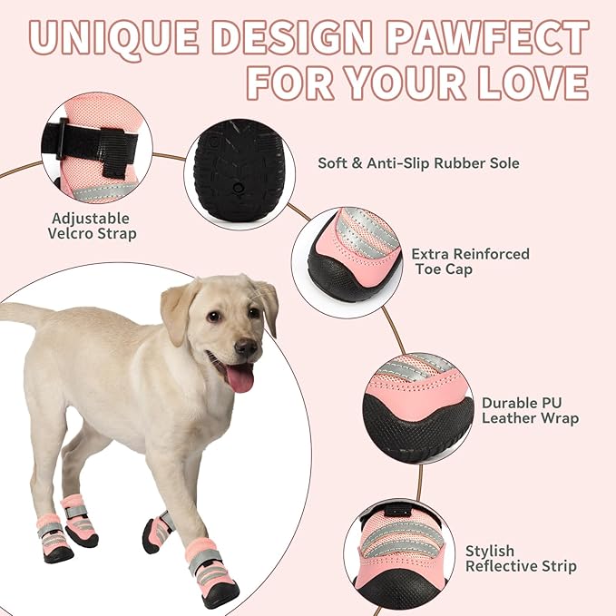 Dog Boots, Waterproof Dog Shoes with Reflective Straps, Rugged Anti-Slip Sole Paw Protectors for Medium Large Dogs, Breathable Pet Booties for Hot Pavement, Snow, Hiking, 4Pcs