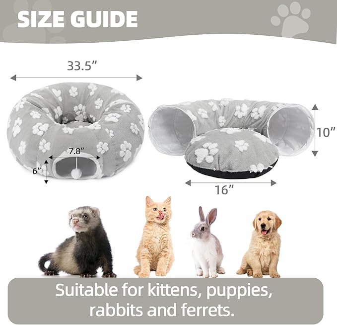 Homimp Cat Tunnel Bed with Central Mat,Large Tube Playground with Plush Ball Toy,Peekaboo Cat Cave with Washable Circle Cushion for Indoor Cats,Pop Up Bed HidePlace for Kitten Puppy Rabbit, Grey Paw