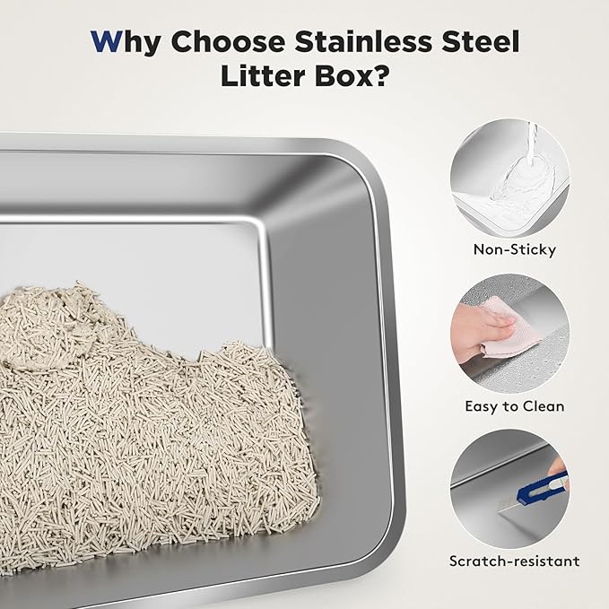 FURTIME Stainless Steel Litter Box with Lid, XL Extra Large Enclosed Cat Litter Box for Big Cats, Metal Cat Box with High Sided Enclosure & Scoop, Front & Top Entry, Odor Free, Anti-Leakage, Black