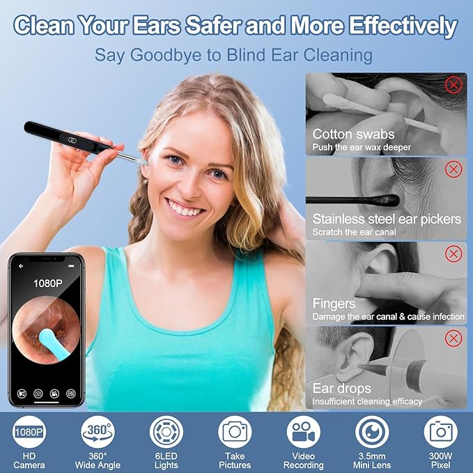 Ear Wax Removal, Ear Cleaner with Camera 1080P HD, Ear Wax Removal Kit Tools with 6 LED Lights/IP67 Waterproof Lens/8 Traditional, Rechargeable Ear Picker Cleaning kit for iOS/Android/Tablet, Black