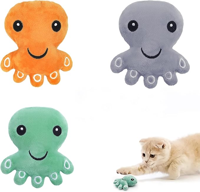 Andiker Cat Catnip Toys, 3Pcs Cat Interactive Toys for Indoor Cats, Soft Plush Kitten Chew Toys with Crinkle Paper for Relieve Stress, Reduce Boredom, Teething (Octopus)