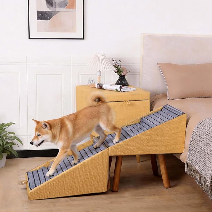 21.06”H Dog Stairs for High Bed, 6-Step Pet Stairs with Split Ottoman Design - Tall Dog Steps Convertible to Bedside Table Nightstand, Large Non-Slip Stairs for Big Medium Dogs to Bed(Yellow)