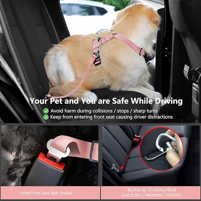 VavoPaw Dog Seat Belt, Safety Vest Dog Car Harness with Adjustable Buckle Dog Seat Belt for Vehicle Nylon Pet Safety Seat Belts Heavy Duty(M, Pink Daisy)