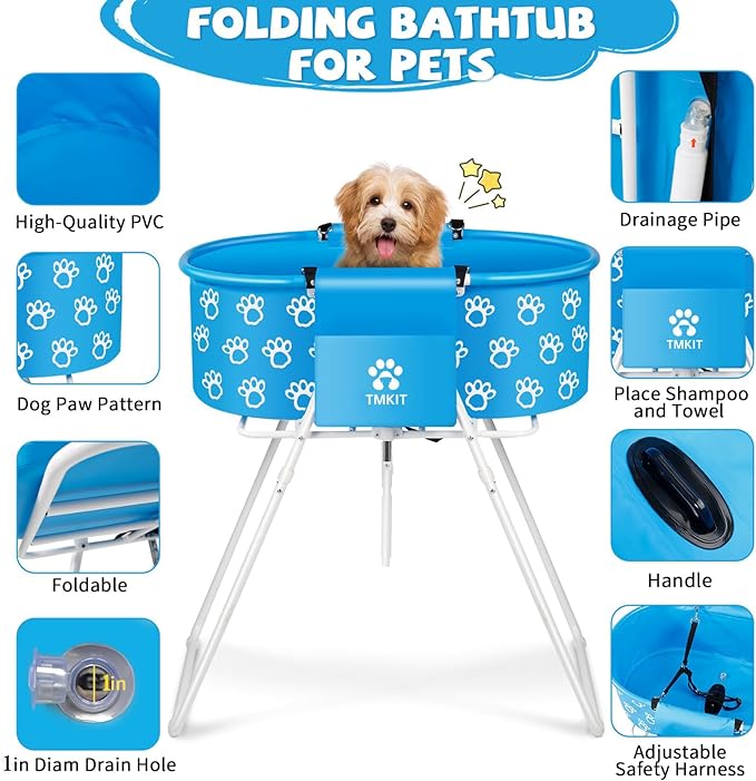 Dog Bathtub for Dogs, Elevated Dog Bath Tub for Pet Grooming and Bathing Shower, Portable, Foldable with Safety Lock, Professional Pet Washing Station for Small Midel Dogs Cats (Blue)