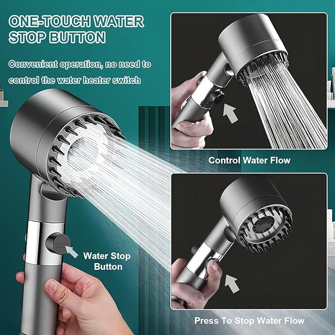 High Pressure Shower Head, 4 Spray Mode High Pressure Filtered Showerhead with 59 Inch Hose and Holder, Massage Handheld Shower Head and Hose Set with Pause Switch for Pets Bath-Remove Chlorine (Gray)