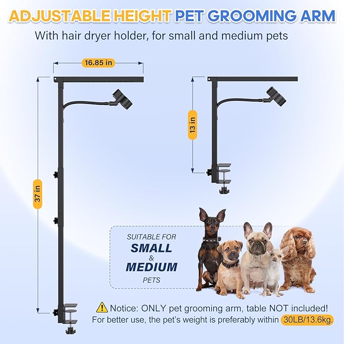 Dog Grooming Arm with Hair Dryer Stand, Adjustable 37'' Dog Grooming Table Arm with Clamp & Dogs Restraints for Grooming Small Medium Dogs Cats, Foldable Pet Grooming Stand at Home