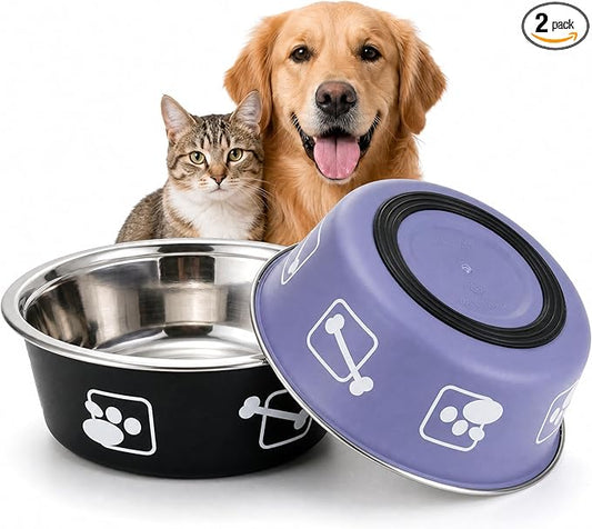 2-Pack Dog Bowls, Stainless Steel Pet Bowls, Thickened Rust-Proof Inner Bowl, Non-Slip Rubber Base, 2-in-1 Food & Water Bowl for Indoor Use (Black + Purple) (Black + Purple, S)