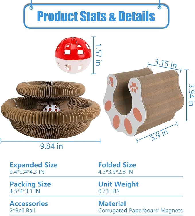 2-Pack Magic Organ Cat Toy | Kitty Curls Cat Toy | Reversible Cat Scratcher Pad with Bell Balls, Corrugated Cardboard Scratching Board for Indoor Cats, Furniture Protection