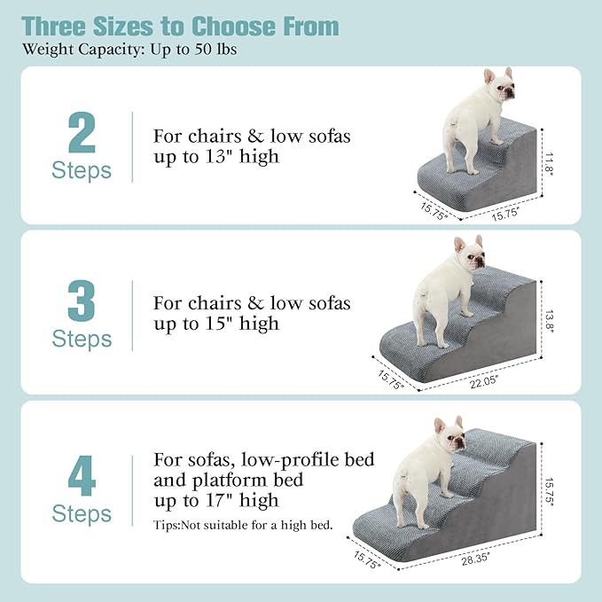 Dog Stairs for Small Dogs, 3-Step Dog Steps for Couch Sofa and Chairs, High-Density Foam Pet Steps Ramp with Removable Washable Cover for Older Injured Puppy Dogs and Cats, 13.78" H, Grey