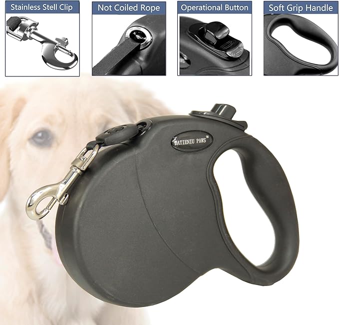 Small 13 FT Retractable Dog Leash – Hands-Free Adjustable Leash for Dogs Up to 22lbs, Tangle-Free Nylon with Ergonomic Grip for Walking, Training & Outdoor Safety Black S