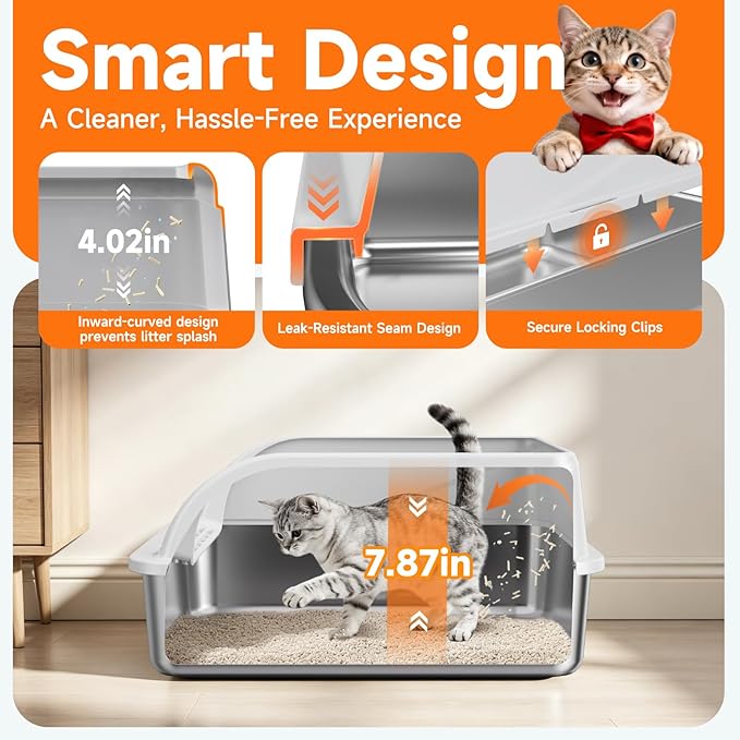 Stainless Steel High Sides Cat Litter Box with Scoop, Open Top Litter Pan for Indoor Cats, Easy to Clean, Reduced Litter Scatter, Medium