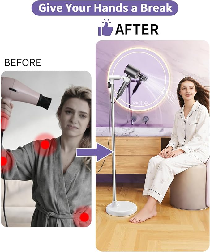 Floor Standing Hair Dryer Stand Holder, 360° Degree Rotating, 17 in - 51 in Height Adjustable Blow Dryer Stand Hands Free Works for Frozen Shoulder, Arthritis, & Wrist Pain Relief-Stand Type