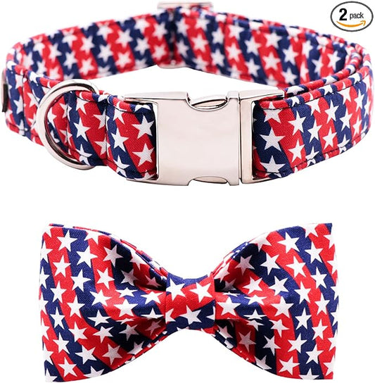 Lionet Paws Patriotic Dog Collar with Bowtie, 4th of July, Soft and Comfortable, Adjustable Collar for Large Dogs, Neck 16-24 inches