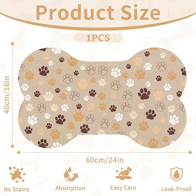 Pet Dog Cat Food Mat, Absorbent Bone Shaped Dog Bowl Mats for Food and Water, Non Slip Cute Dogs Cat Placemats Feeding Mat with Rubber for Floors Indoor Puppy Pet Accessories Supplies 16"x24" Khaki