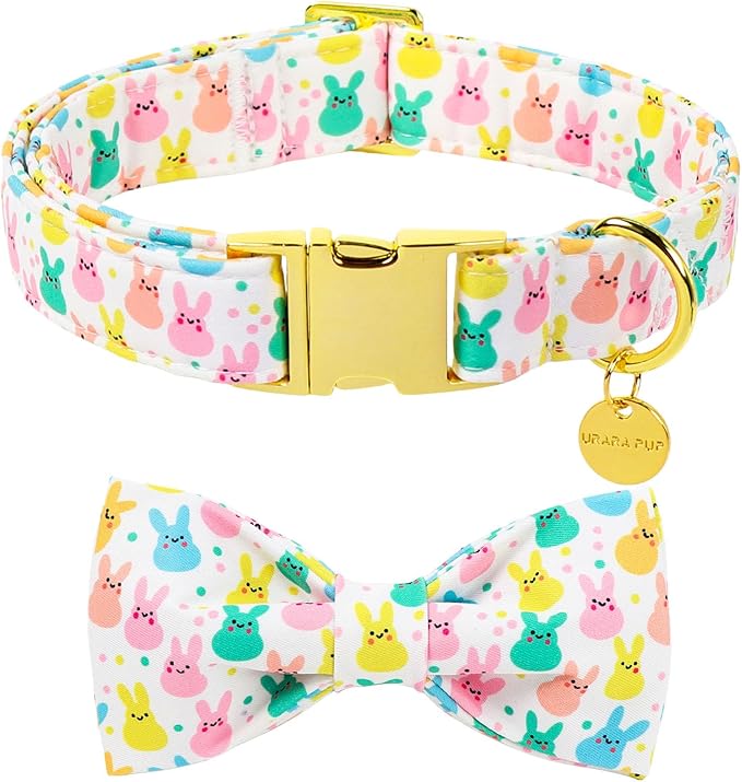 Easter Dog Collar with Bow Tie, Cotton Bunny Bowtie for Large Girl Boy Dog, Cute Rabbit Pet Collar with Metal Buckle, Gift, L