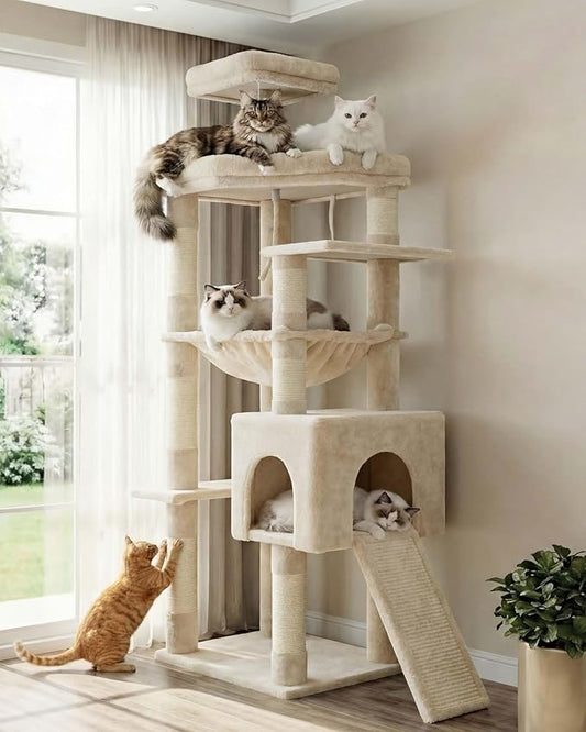 Heybly Heavy Duty Cat Tree, 64.2-Inch Tall Tower for Large Indoor Cats with Widened Structure, Cat Furniture with Big Platforms, Extra-Large Hammock, Sisal Scratching Posts & Board, Beige HCT027M