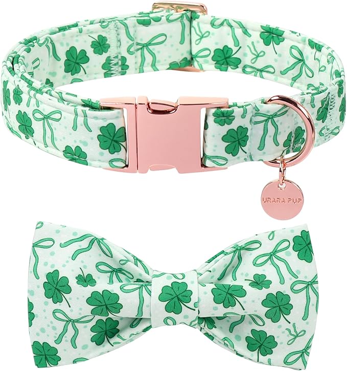 St. Patrick's Day Dog Collar with Bow Tie, Spring Shamrock Bowtie Collar for Girl Boy Dog, Lucky Clover Dog Collar with Metal Buckle, Green Collar for Dogs, XS