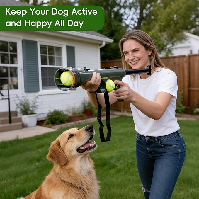 Tennis Ball Launcher for Dogs,Interactive Dog Fetch Toy Launches Up to 65 Ft,Hands-Free Ball Pickup Dog Ball Thrower with 2 Tennis Balls & Removable Shoulder Strap-24 Inch