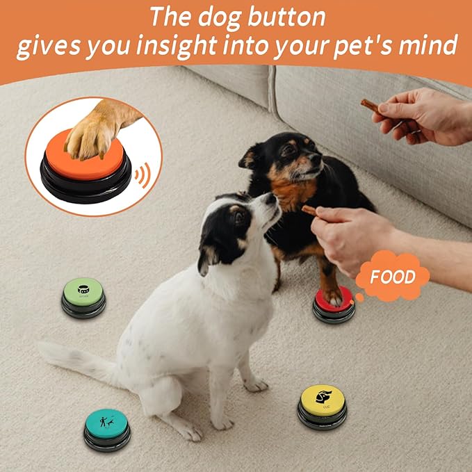 4-Piece Dog Talking Button Set, Dog Button for Communication, 30-Second Recordable Voice Pet Buzzer Training Button, Dog Button with Waterproof Non-Slip Pad and 50 Dog Training Stickers