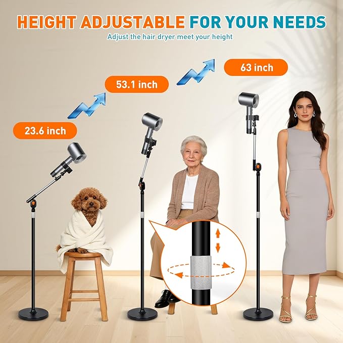 Hair Dryer Stand Hands Free, Hair Dryer Holder Stand with Rotary Lock Swing Arm, 23.6–63" Adjustable Height Hair Diffuser Stand, 360° Rotating with Heavy Base for Dyson Supersonic Bathroom, Vanity