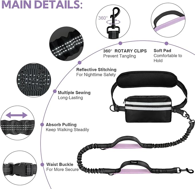 Hands Free Dog Leash with Pouch, Double Leash for Two Dogs, Retractable Bungee with Double Padded Handles, Dog Waist for Dog Walking, Running for Dogs, Dog Walking Accessories