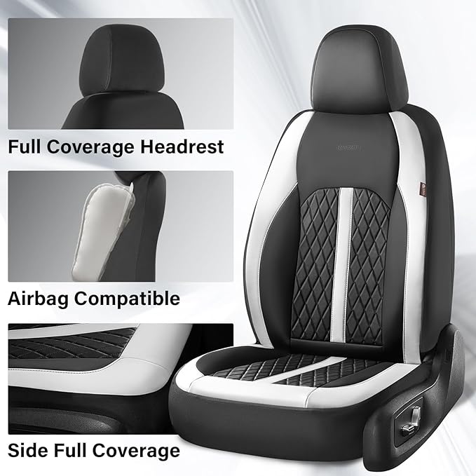 Coverado Universal Leather Seat Covers Full Set for 5 Seats – Waterproof, Durable All-Weather Protector for SUV, Pickup Truck, Sedan, White&Black
