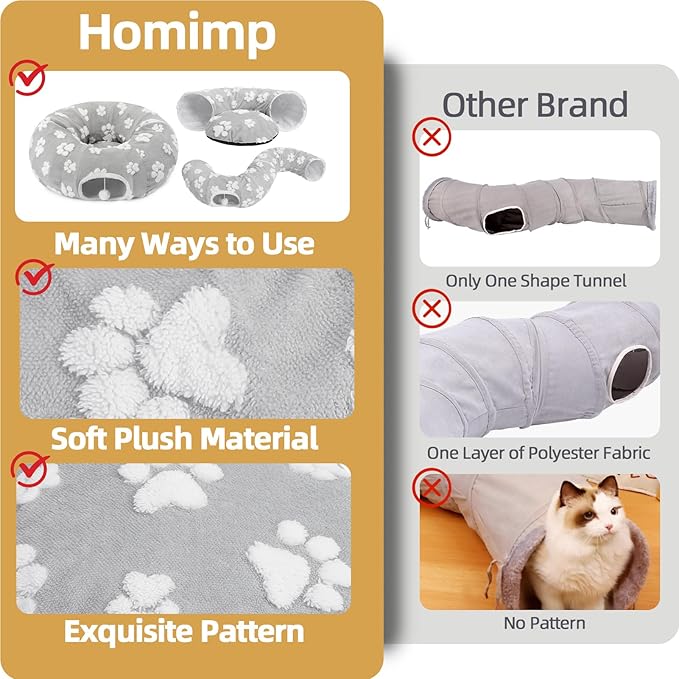 Homimp Cat Tunnel Bed with Central Mat,Large Tube Playground with Plush Ball Toy,Peekaboo Cat Cave with Washable Circle Cushion for Indoor Cats,Pop Up Bed HidePlace for Kitten Puppy Rabbit, Grey Paw