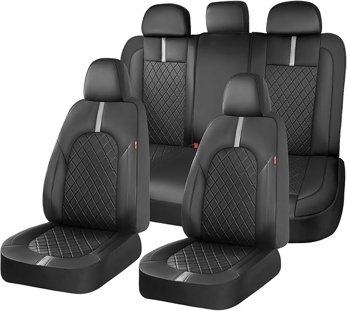 Coverado Car Seat Covers Full Set, Front Seats Back Seat Cover, Leather Seat Covers Non-Slip Seat Protectors Universal Fit for Most Cars (Black-White)