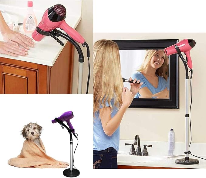 Hair Dryer Stand, 360 Degree Rotating Lazy Hair Dryer Stand Hand Free With Heavy Base, Hands-Free Blow Dryer Holder Countertop, Adjustable Height Countertop Stand