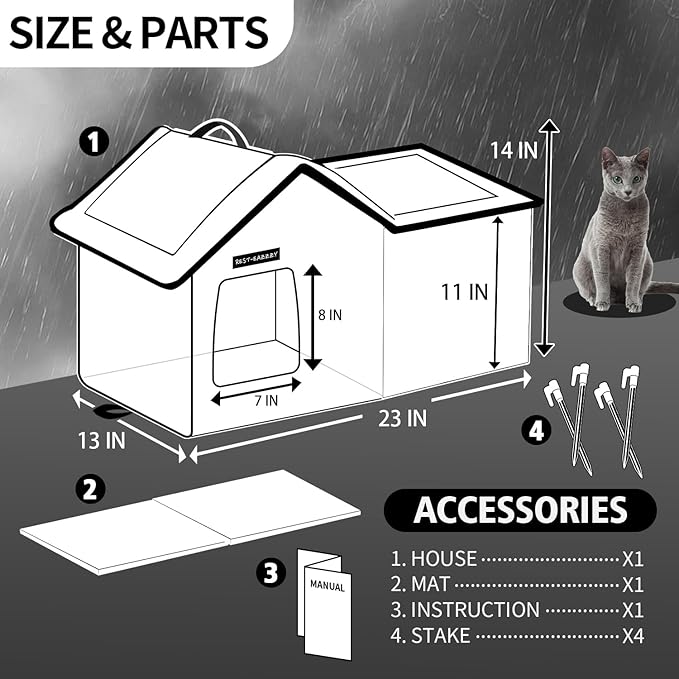 Rest-Eazzzy Cat House for Outdoor Cats, Weatherproof and Insulated Feral Cat House with Mat and Clip, Easy to Put Together, Selfwarming Cat Shelter for Summer(Green, Waterproof House-S)