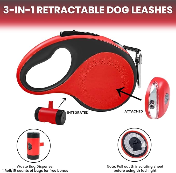 Best Dog Supplies Retractable Thick Dog Leash for S, M, Large Dogs with Bag Dispenser and Flashlight, 26ft/8M for Dogs up to 110lbs Pet Leash One Button Break Retractable Color - Red
